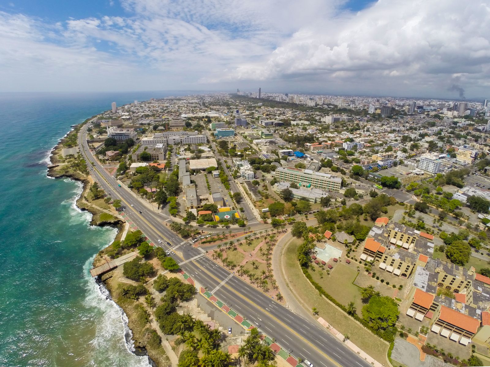 Aerial view of the Santo Domingo shoreline and city buildings